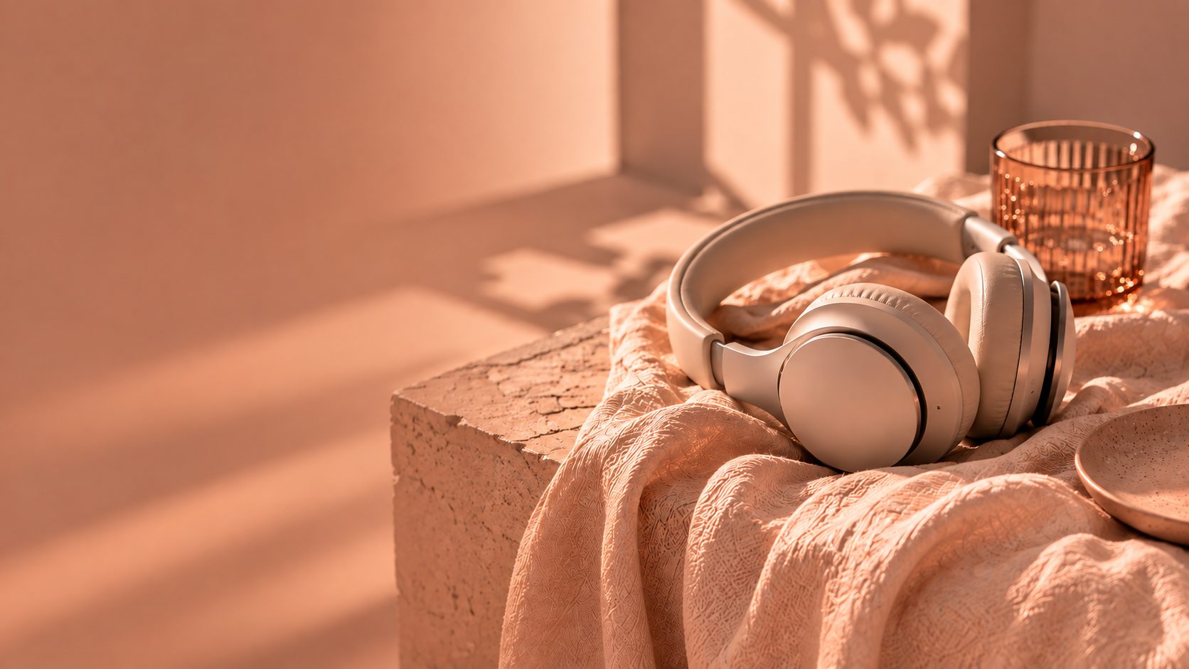 Headphones resting on soft linen in warm afternoon light